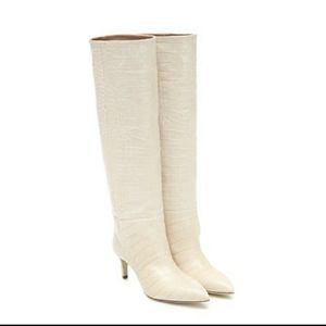 Ivory Snake Embossed pointed toe knee high boots